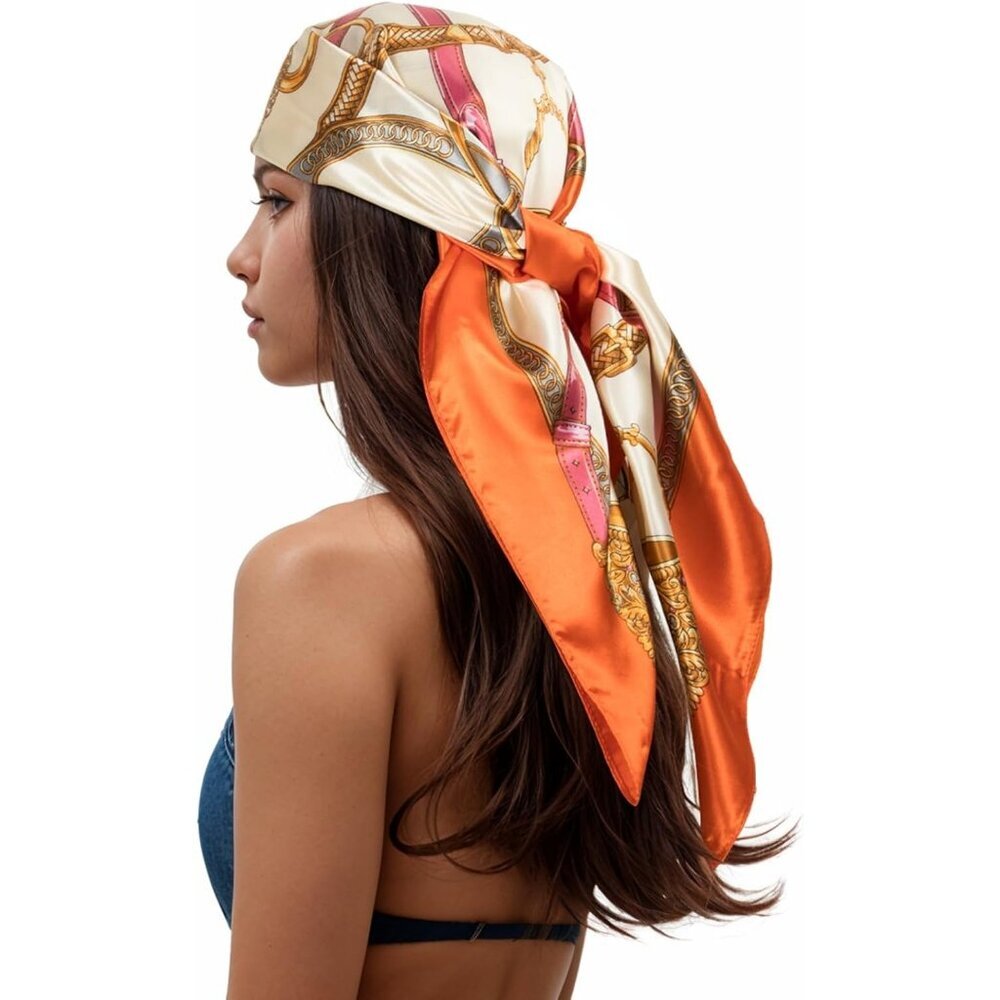 Women's Pink/Gold Head Scarf Like Silk Printed Square Hair Bandanas 35 Inches